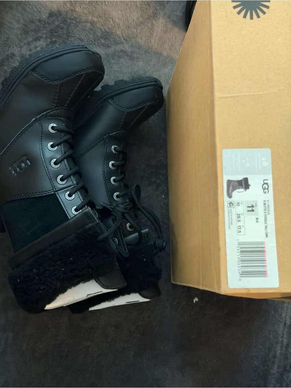 UGG Kids Black Lace-Up Fleece-Trim Zip Boot